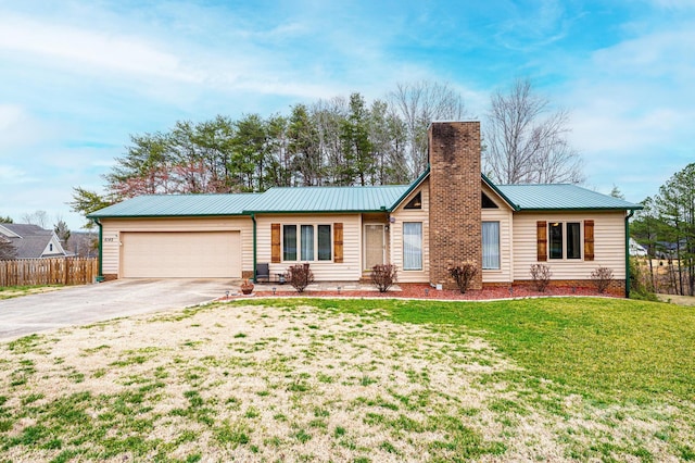 single story home featuring driveway, fence, a front yard, an attached garage, and a chimney