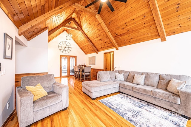 living area featuring ceiling fan, beamed ceiling, wood ceiling, wood finished floors, and high vaulted ceiling