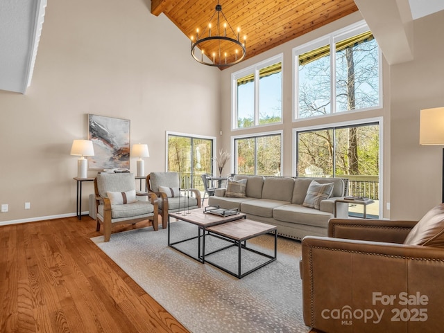 living area featuring baseboards, wooden ceiling, wood finished floors, a notable chandelier, and high vaulted ceiling