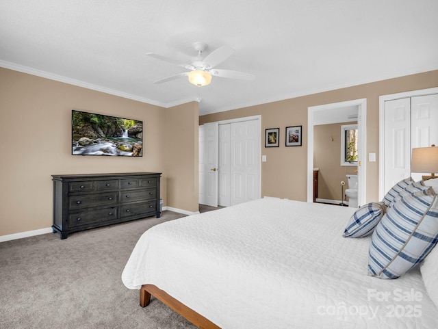 bedroom featuring ornamental molding, baseboards, and carpet floors