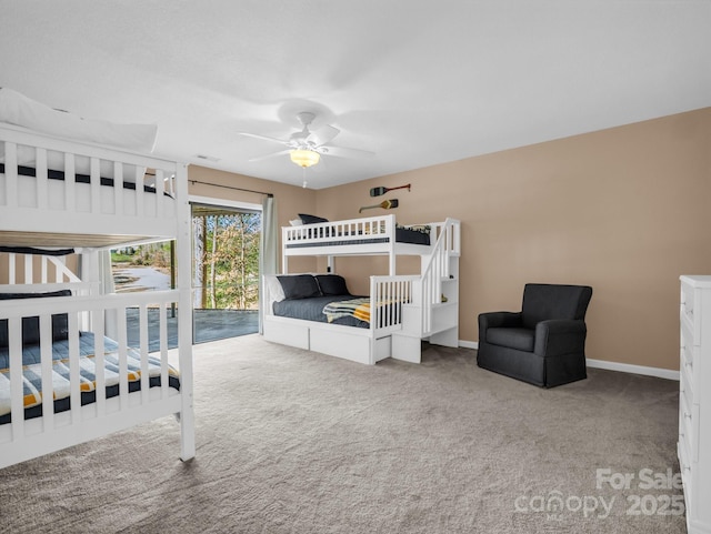 carpeted bedroom with baseboards, a ceiling fan, and access to outside