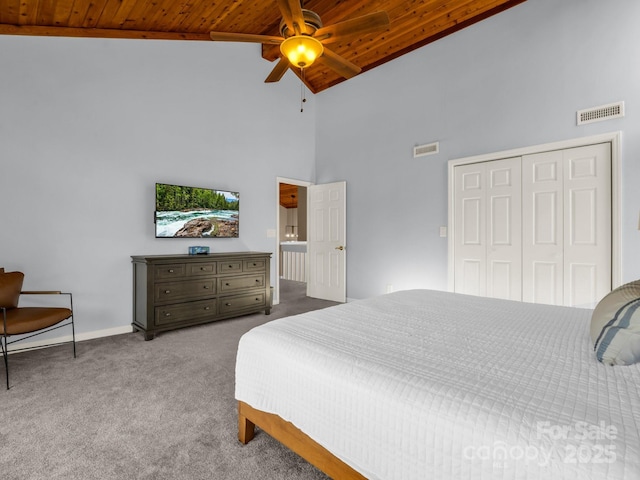 156 Sheepnose Dr, Lake Lure, NC 28746 - bedroom featuring wooden ceiling, high vaulted ceiling, carpet floors, baseboards, and a ceiling fan