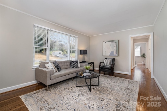 living room with baseboards, wood finished floors, and crown molding