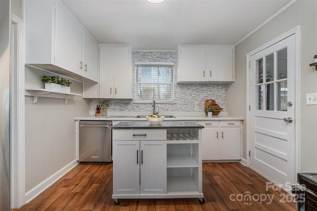 kitchen featuring dishwasher, open shelves, white cabinetry, and a sink