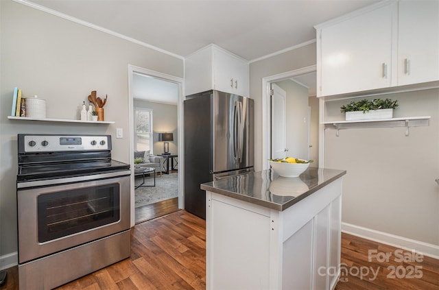 kitchen featuring dark wood-type flooring, open shelves, stainless steel counters, white cabinetry, and stainless steel appliances