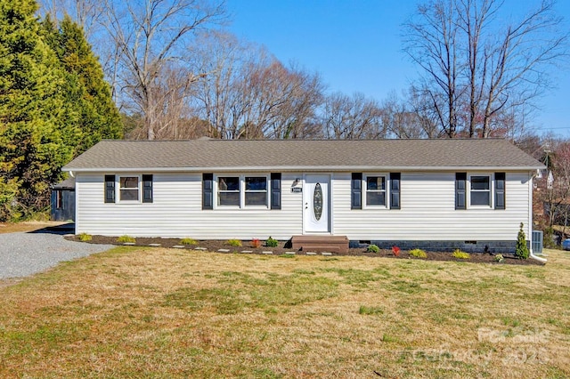 single story home featuring a front yard, crawl space, and roof with shingles