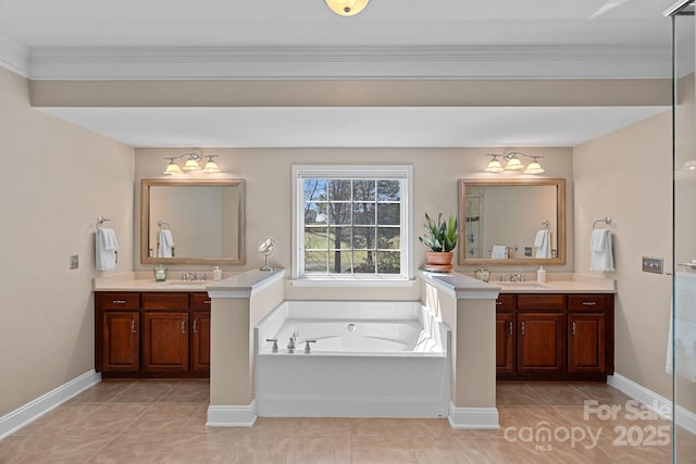 full bathroom featuring tile patterned floors, baseboards, a garden tub, and two vanities