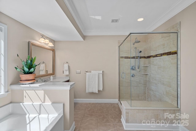 full bath with crown molding, vanity, a stall shower, and a garden tub