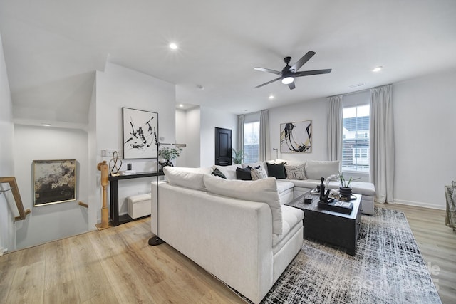 living room featuring light wood-style floors, recessed lighting, and a ceiling fan