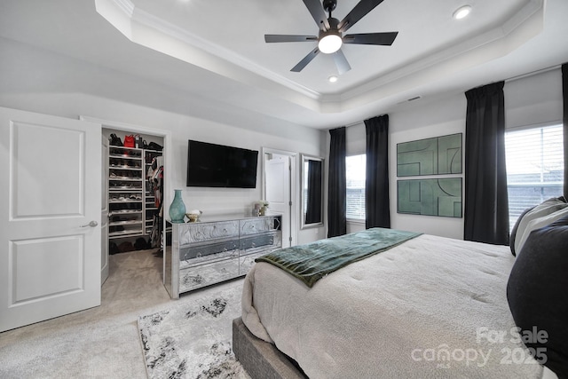 carpeted bedroom featuring a spacious closet, ornamental molding, a raised ceiling, and a closet