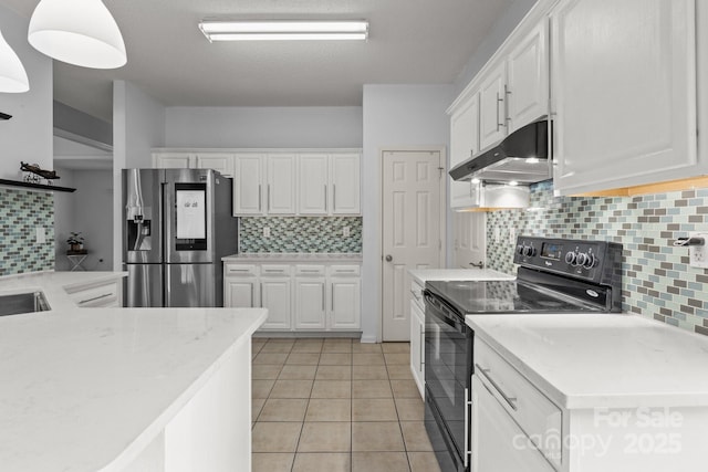 kitchen featuring black range with electric stovetop, stainless steel refrigerator with ice dispenser, under cabinet range hood, light tile patterned flooring, and white cabinets