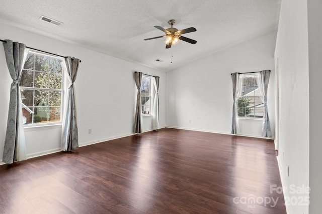 spare room featuring a wealth of natural light, lofted ceiling, and dark wood-style floors