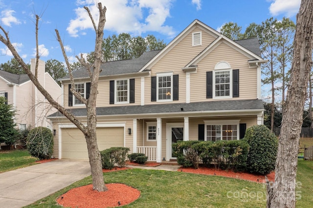 traditional-style home with a front lawn, concrete driveway, roof with shingles, covered porch, and a garage