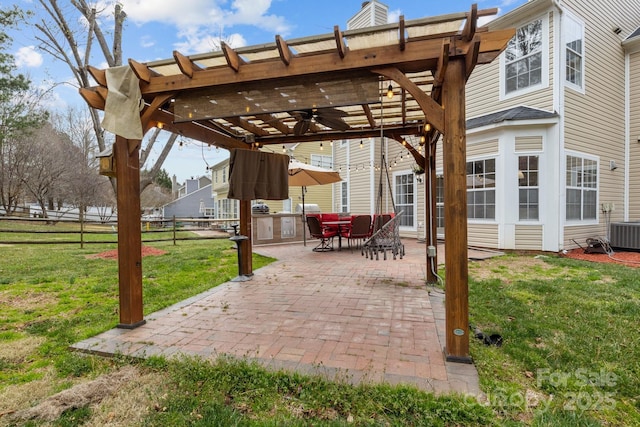 view of patio with central air condition unit, area for grilling, a ceiling fan, a pergola, and fence