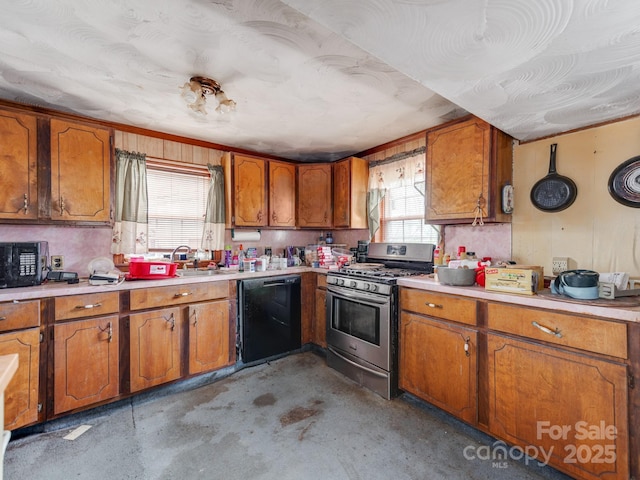 kitchen with brown cabinets, dishwasher, stainless steel gas range, and light countertops