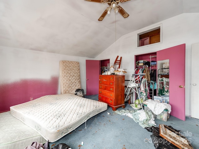 carpeted bedroom featuring ceiling fan and lofted ceiling