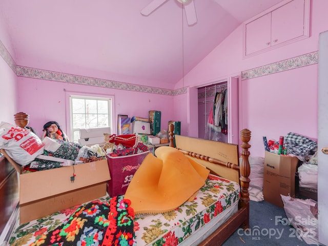 bedroom with ceiling fan and vaulted ceiling