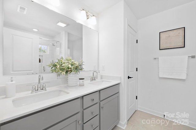 full bath with a shower stall, visible vents, a sink, and tile patterned floors