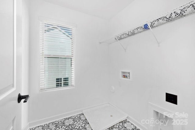 laundry area with hookup for an electric dryer, laundry area, washer hookup, baseboards, and tile patterned floors