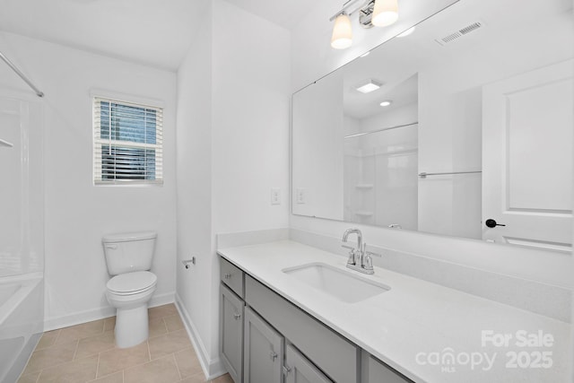 full bathroom with tile patterned flooring, toilet, vanity, visible vents, and baseboards