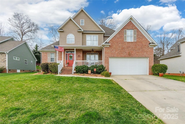 view of front facade with brick siding, a porch, concrete driveway, a garage, and a front lawn