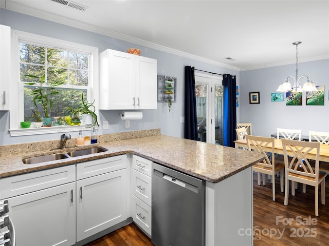 1013 Baldwin Commons Dr, Arden, NC 28704 - kitchen with dishwasher, a sink, a chandelier, a peninsula, and dark wood finished floors