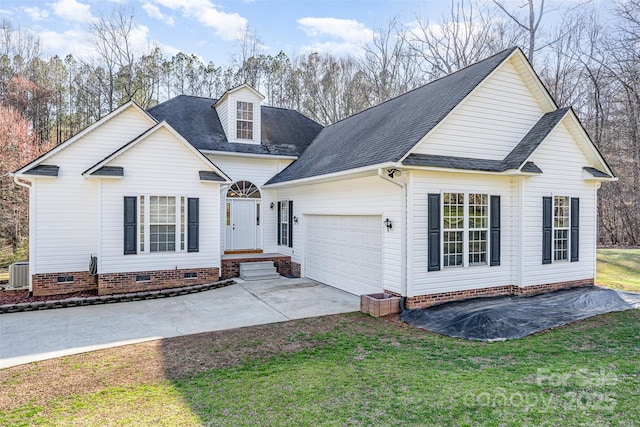 view of front of house with central air condition unit, a garage, concrete driveway, a front yard, and crawl space