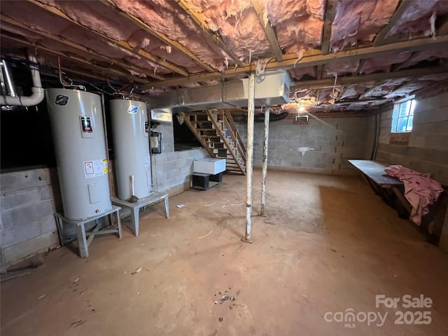 below grade area with water heater and stairway