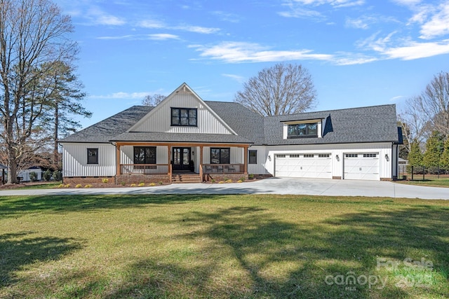 modern farmhouse style home with a shingled roof, covered porch, concrete driveway, board and batten siding, and a front lawn