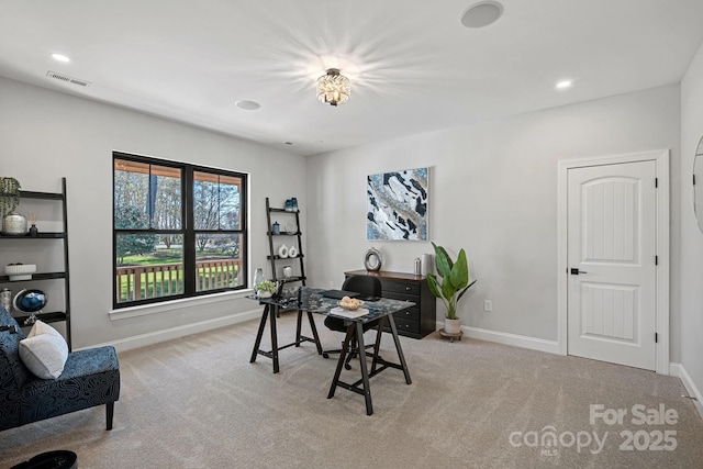 carpeted office space with baseboards, visible vents, and recessed lighting