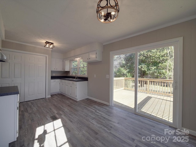 kitchen with dark countertops, white cabinetry, ornamental molding, and a sink