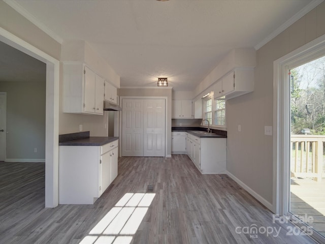 kitchen with dark countertops, a sink, white cabinets, and crown molding