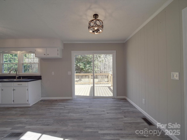 interior space featuring plenty of natural light, white cabinets, a sink, and dark countertops