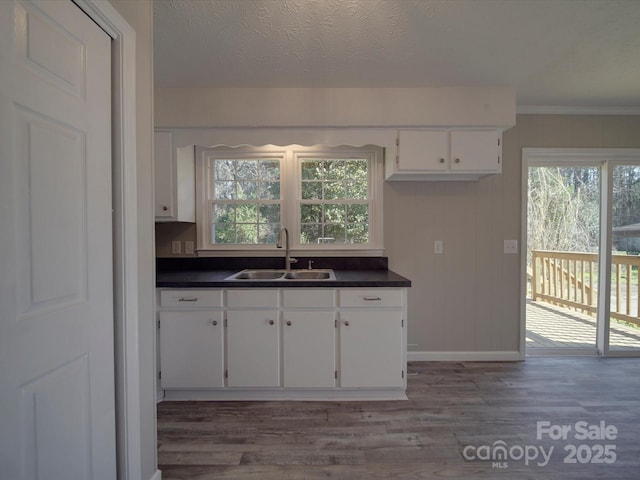 kitchen featuring wood finished floors, dark countertops, a sink, and white cabinetry