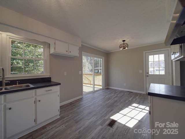 kitchen with crown molding, dark countertops, white cabinetry, a sink, and wood finished floors