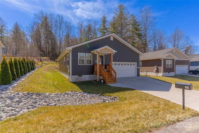 view of front of home featuring a garage, driveway, a front lawn, and crawl space