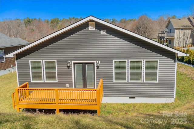 back of property featuring a deck and crawl space