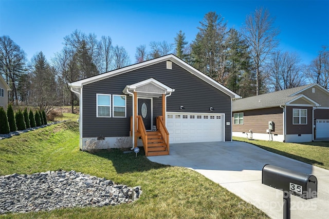 ranch-style home with an attached garage, driveway, and a front lawn