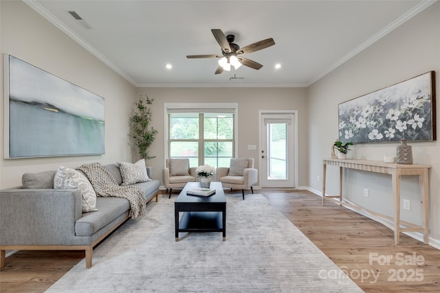 4521 Middlebury Ln, Fort Mill, SC 29715 - living area with wood finished floors, ceiling fan, crown molding, and recessed lighting