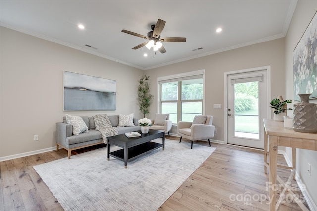 4521 Middlebury Ln, Fort Mill, SC 29715 - living room featuring light wood-style floors, a ceiling fan, crown molding, and recessed lighting