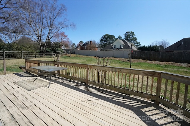 deck with a yard and a fenced backyard