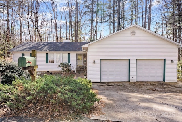 ranch-style home featuring a garage, crawl space, a shingled roof, and a chimney