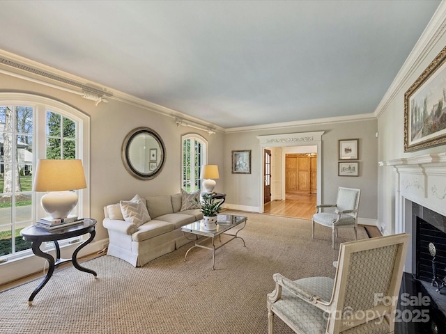 living area featuring baseboards, a fireplace, ornamental molding, and carpet flooring