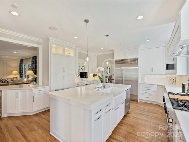 kitchen with premium appliances, light countertops, light wood-style floors, glass insert cabinets, and white cabinetry