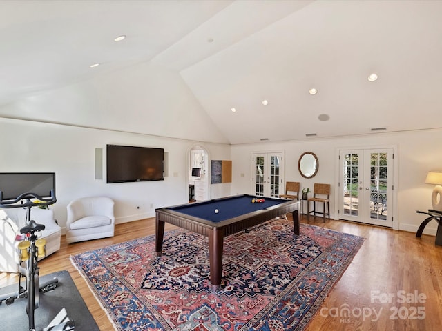 playroom with baseboards, visible vents, pool table, french doors, and light wood-style floors