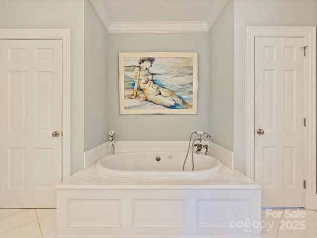 bathroom with tile patterned flooring, crown molding, and a bath