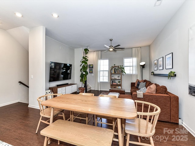 dining area featuring recessed lighting, visible vents, a ceiling fan, wood finished floors, and baseboards