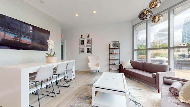 living room with recessed lighting, baseboards, and wood finished floors