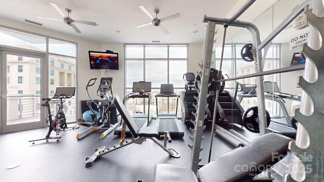 exercise room with ceiling fan, a wall of windows, plenty of natural light, and visible vents