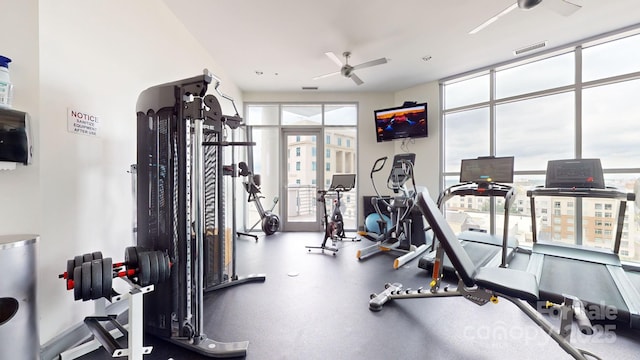 exercise room featuring a healthy amount of sunlight, ceiling fan, visible vents, and floor to ceiling windows